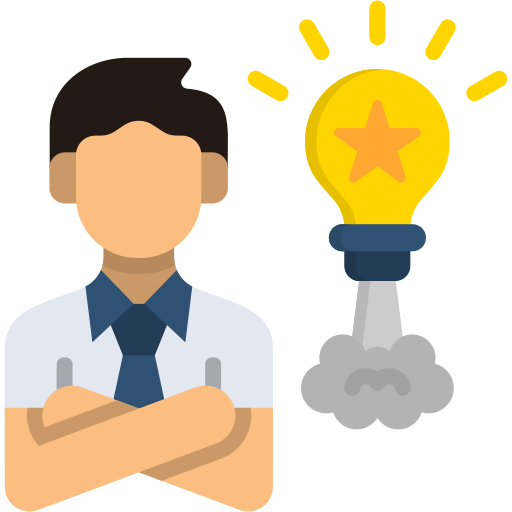 Zeichnung einer Person, die selbstbewusst aussieht. Daneben eine Glühbirne, die wie eine Rakete in die Luft steigt