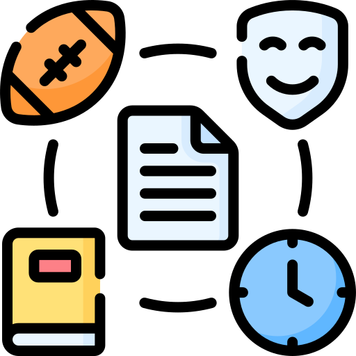 Zeichnung von vier Symbolen, die um ein Blatt drum rum sind, nämlich einem Football, einer Maske, einer Uhr und einem Buch